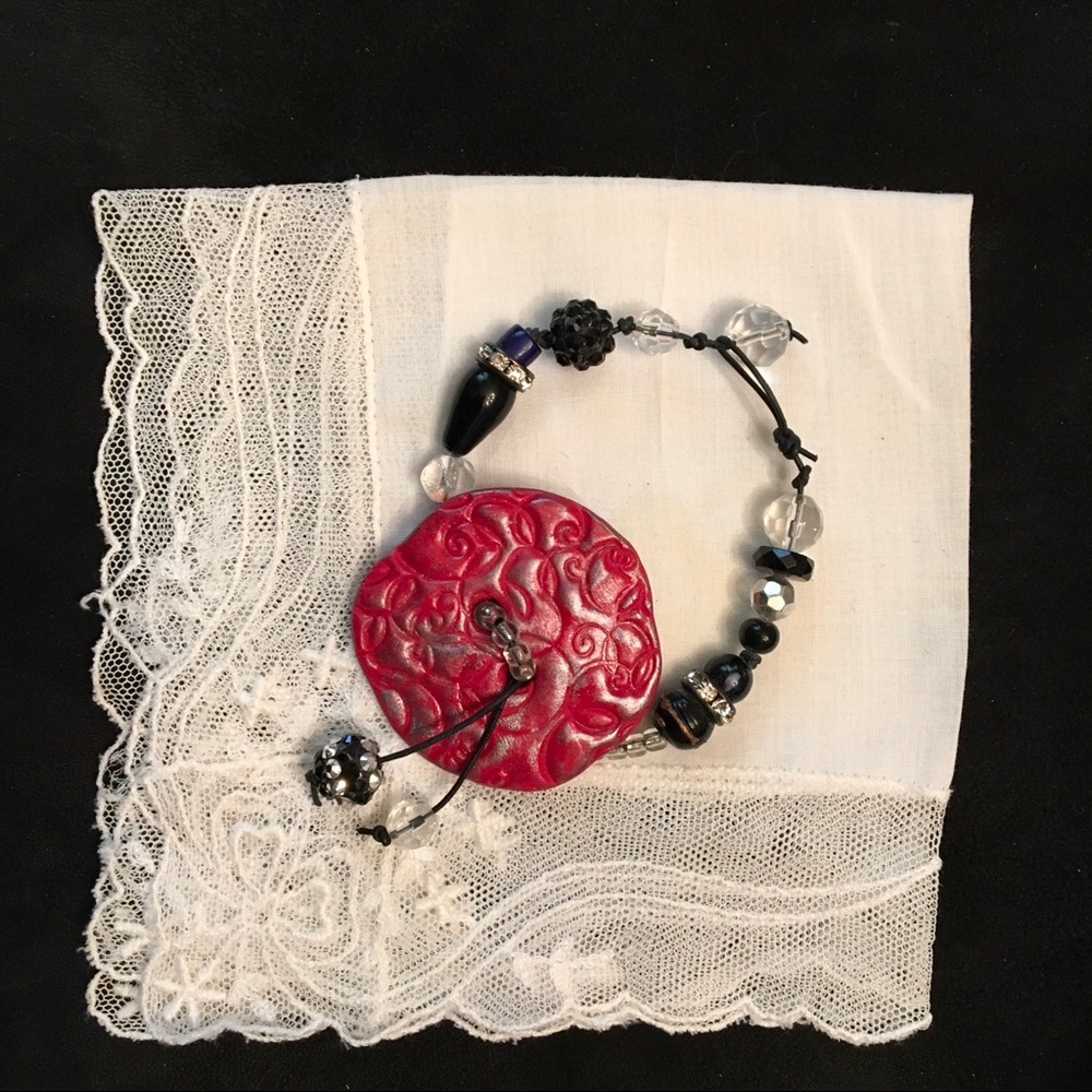 Red Bracelet, Handformed Stamped, Glazed, Beaded